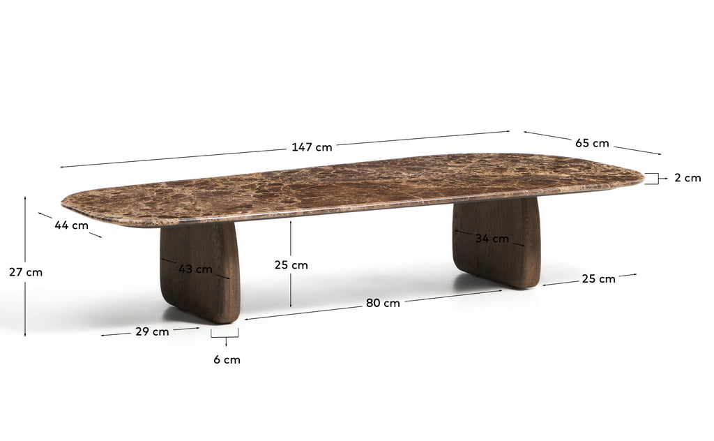 Pirita coffee table in brown marble with solid oak wood legs with a dark finish 147 x 65cm FSC 100%