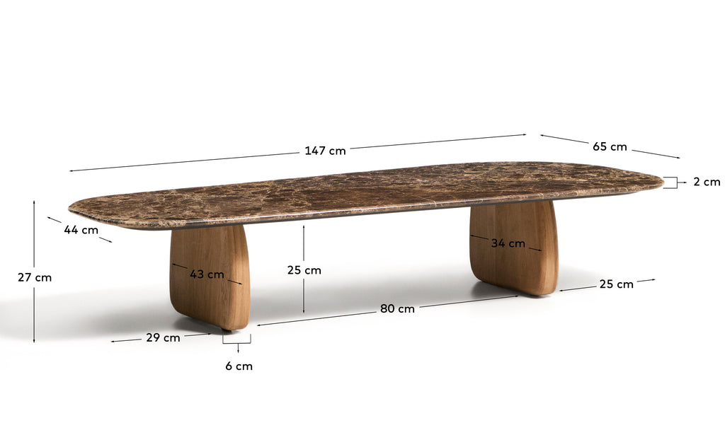 Pirita coffee table in brown marble with solid oak wood legs with a natural-coloured finish 147 x 65cm FSC 100%
