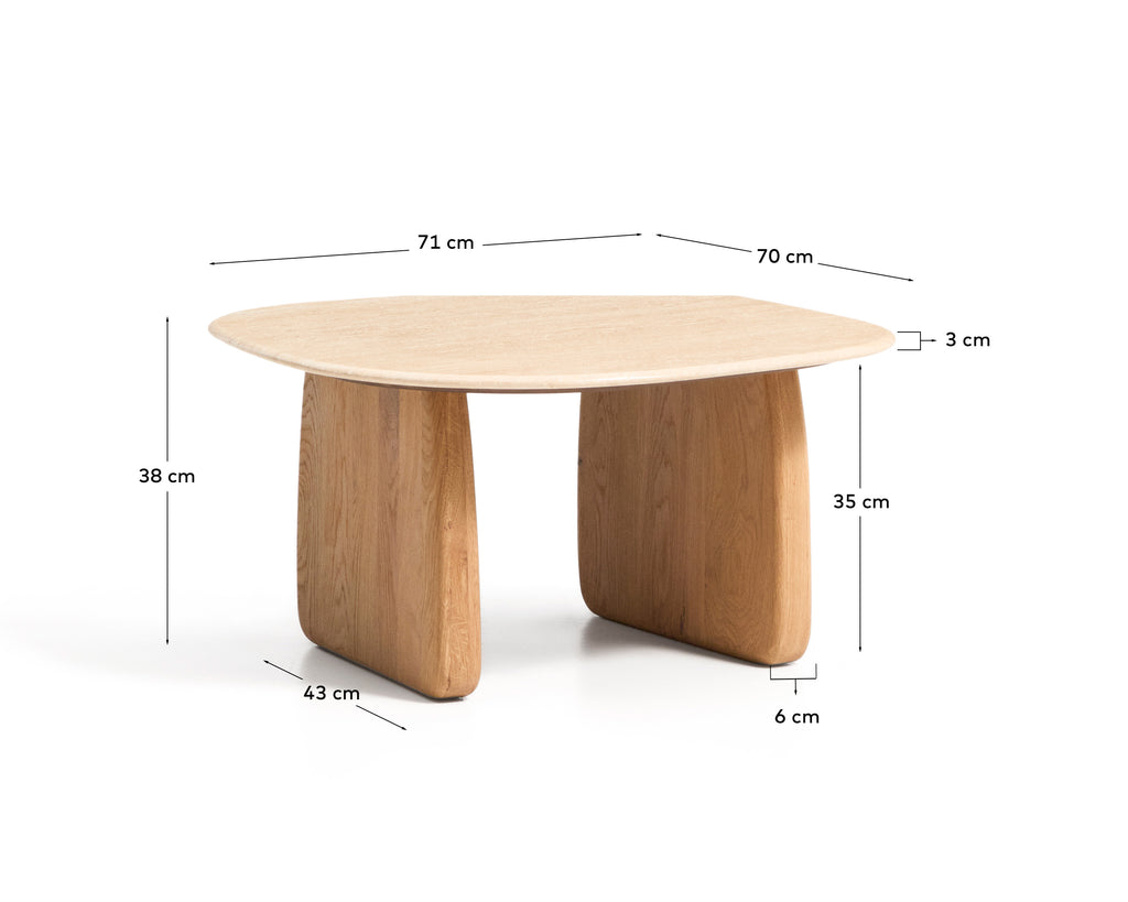 Pirita side table in beige travertine with solid oak wood legs with a natural-coloured finish 71 x 70cm FSC 100%
