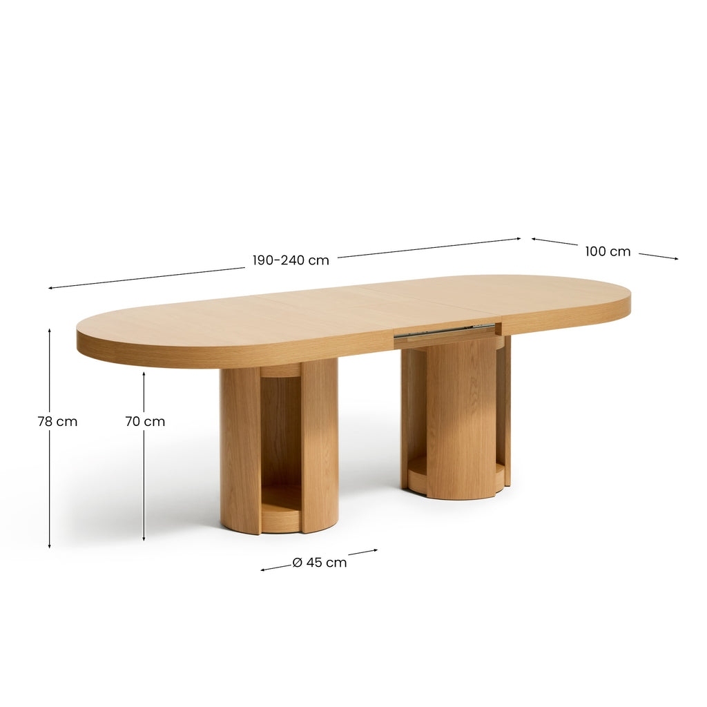 Artis extendable oval table in solid wood and oak veneer with a natural finish, FSC 100%, 190 (240) x 100 cm