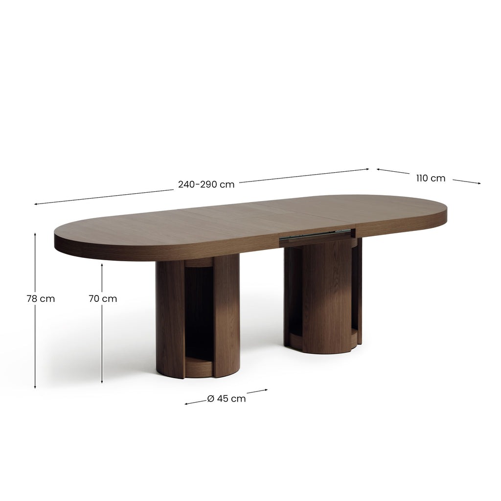 Artis extendable oval table in solid wood and oak veneer with a walnut finish, FSC 100%, 240 (290) x 110 cm