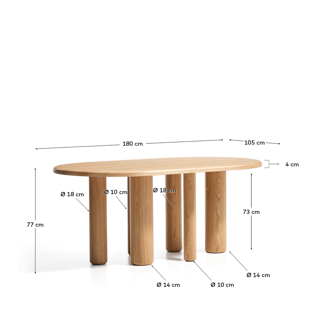 Mailen oval table in ash wood veneer with natural finish, Ø 180 x 105 cm