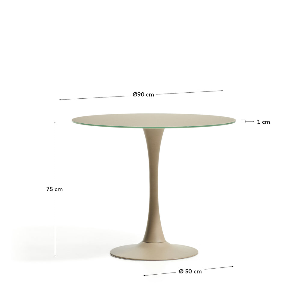 Vedira table in glass and taupe steel Ø90cm