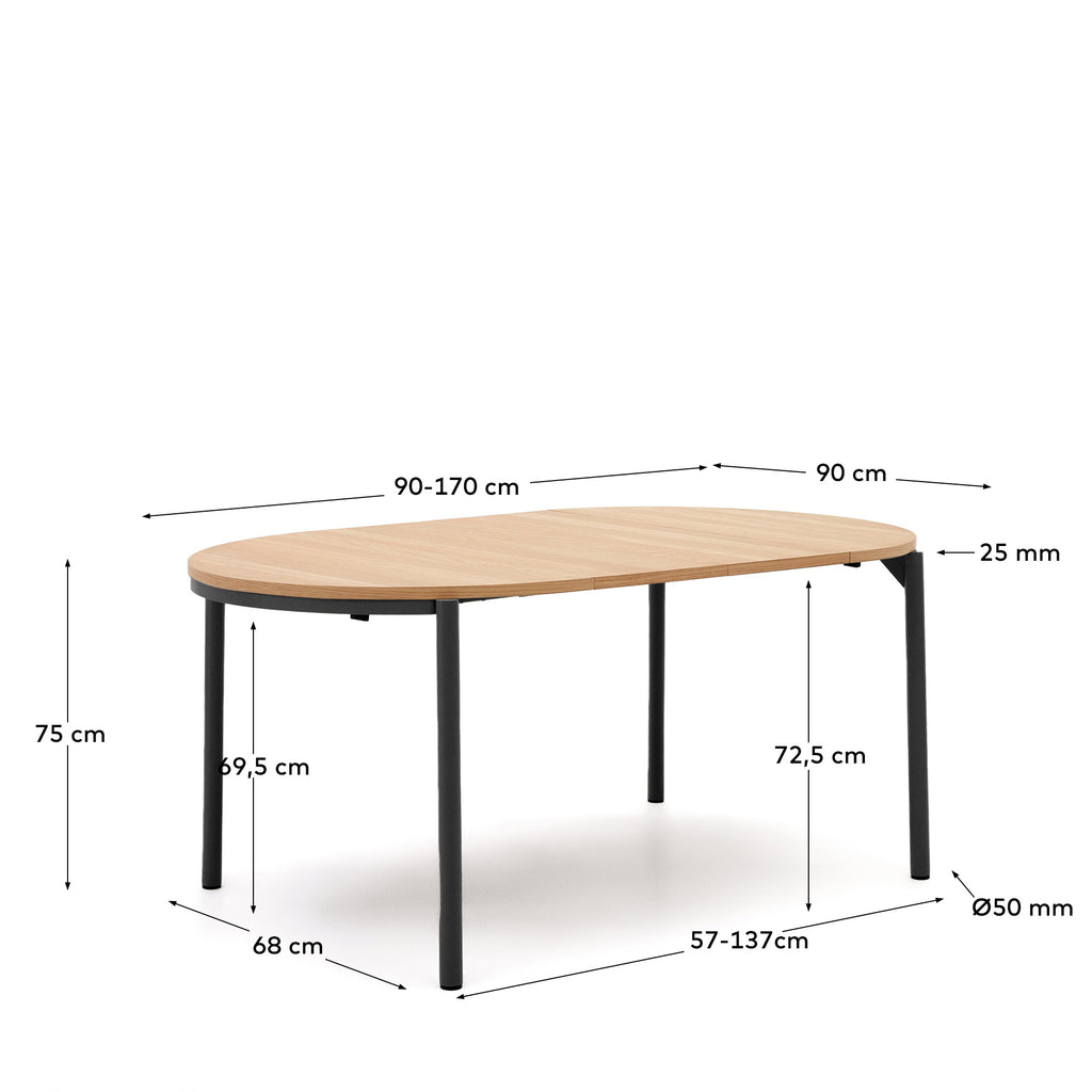Montuiri round extendable table in oak veneer and with steel legs in a black finish, Ø90(170) cm