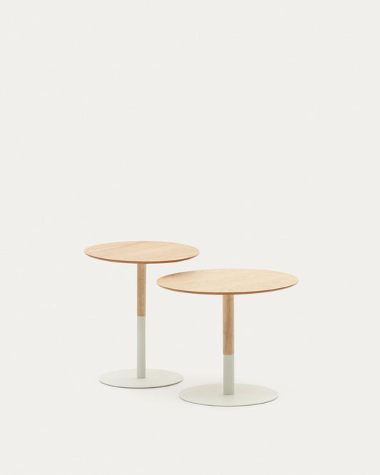 Watse set of 2 side tables in oak wood veneer and matte white metal, Ø 40 cm/Ø 48 cm