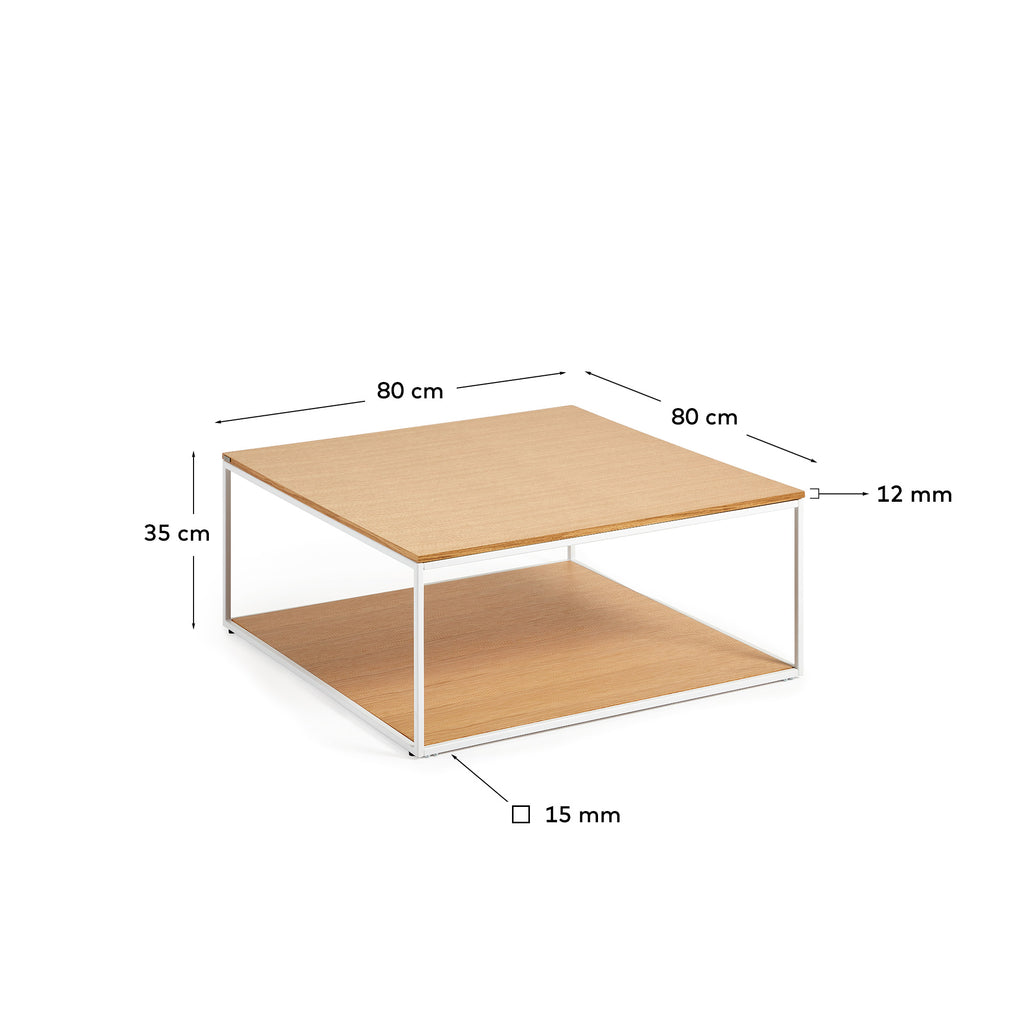 Yoana coffee table with oak veneer table top and base, white metal structure, 80 x 80 cm