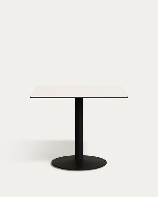 Esilda outdoor table in white with metal leg in a painted black finish, 90 x 90 x 70 cm