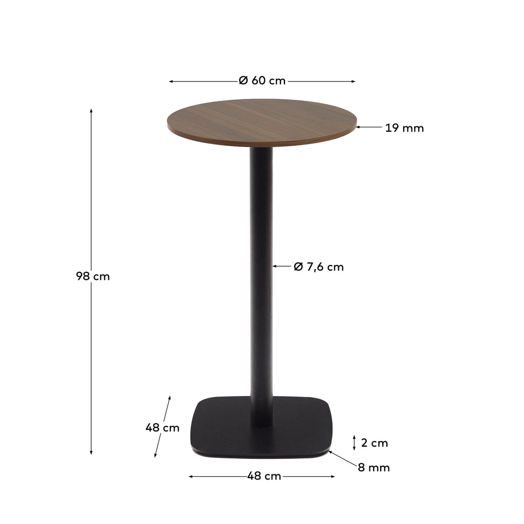 Dina high round table in walnut finish melamine with metal leg in a painted black finish, Ø60x96 cm