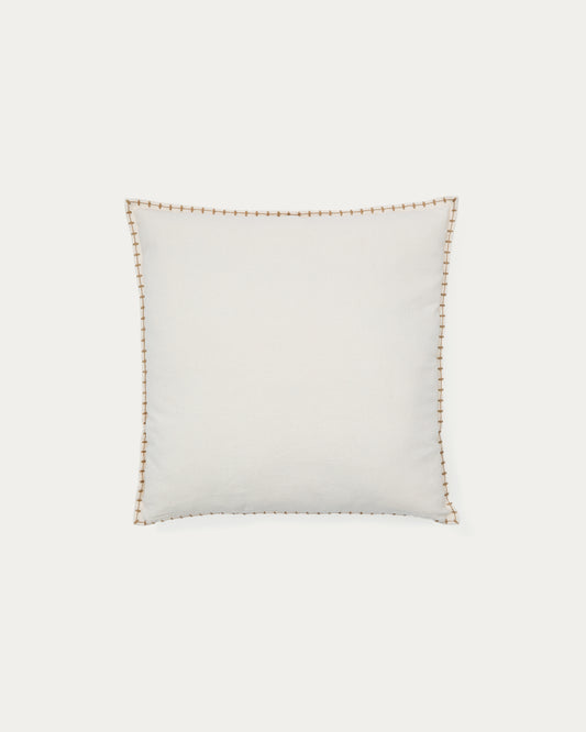 Rakira beige cotton cushion cover with mustard-coloured embroidery feature, 45 x 45 cm
