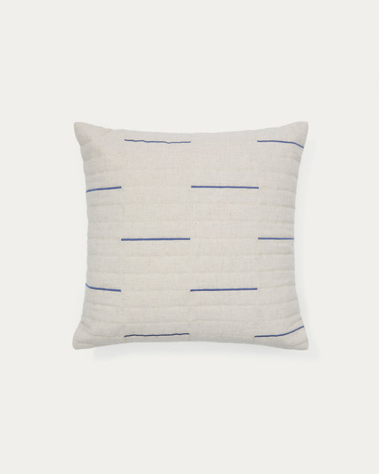 Blaina cushion cover in white linen with a blue embroidery feature, 45 x 45 cm
