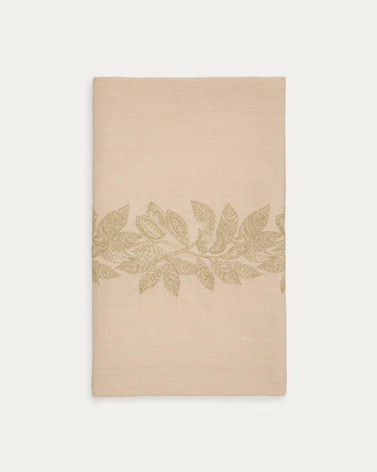 Oreti tablecloth in beige cotton and linen and cocoa embroidery feature, 150x250cm