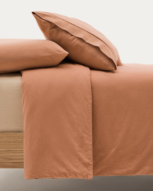 Caline Set of Duvet Cover and Pillowcases in 100% Percale Cotton Terracotta for 180 cm Bed