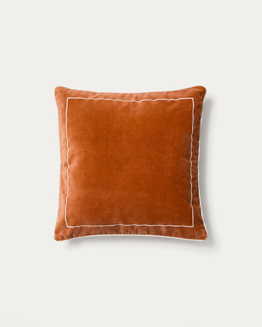 Tivani orange embroidered velvet cushion cover with contrasting trim 45 x 45cm