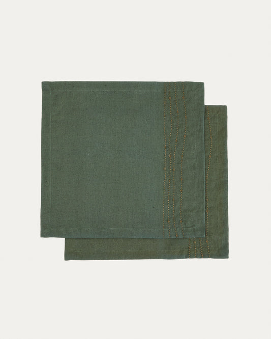 Flia set of 2 green linen and cotton napkins with gold lurex embroidery detail 30 x 30cm