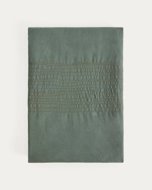 Flia green linen and cotton tablecloth with green lurex embroidery detail 150 x 250cm