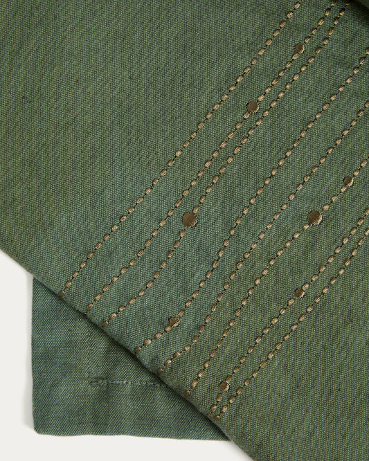 Flia linen and cotton table runner in green, with green lurex embroidery detail 50 x 150cm.