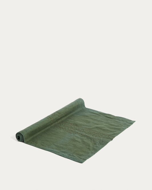 Flia linen and cotton table runner in green, with green lurex embroidery detail 50 x 150cm.