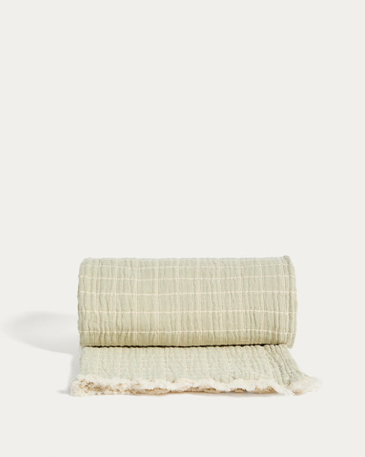 Tivaro 100% cotton jacquard blanket in light green check, double-sided 130 x 170 cm