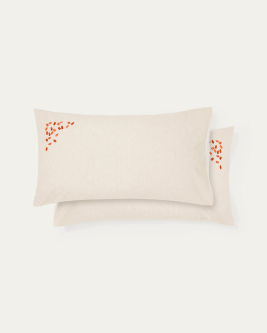 Virelda set of 2 beige cotton and linen pillow cases with embroidery detail 50 x 70 cm