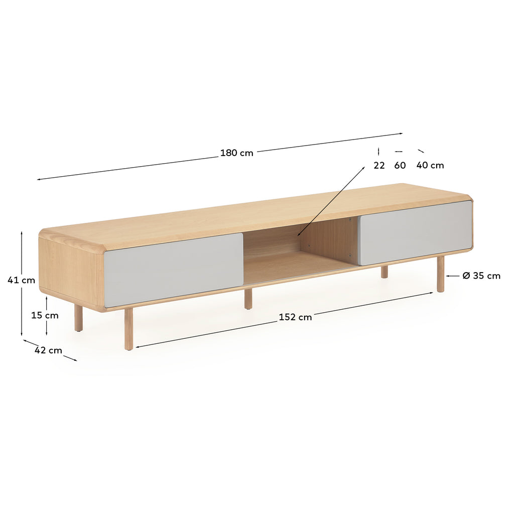 Anielle solid ash & ash veneer TV stand with 2 doors, 180 x 41 cm