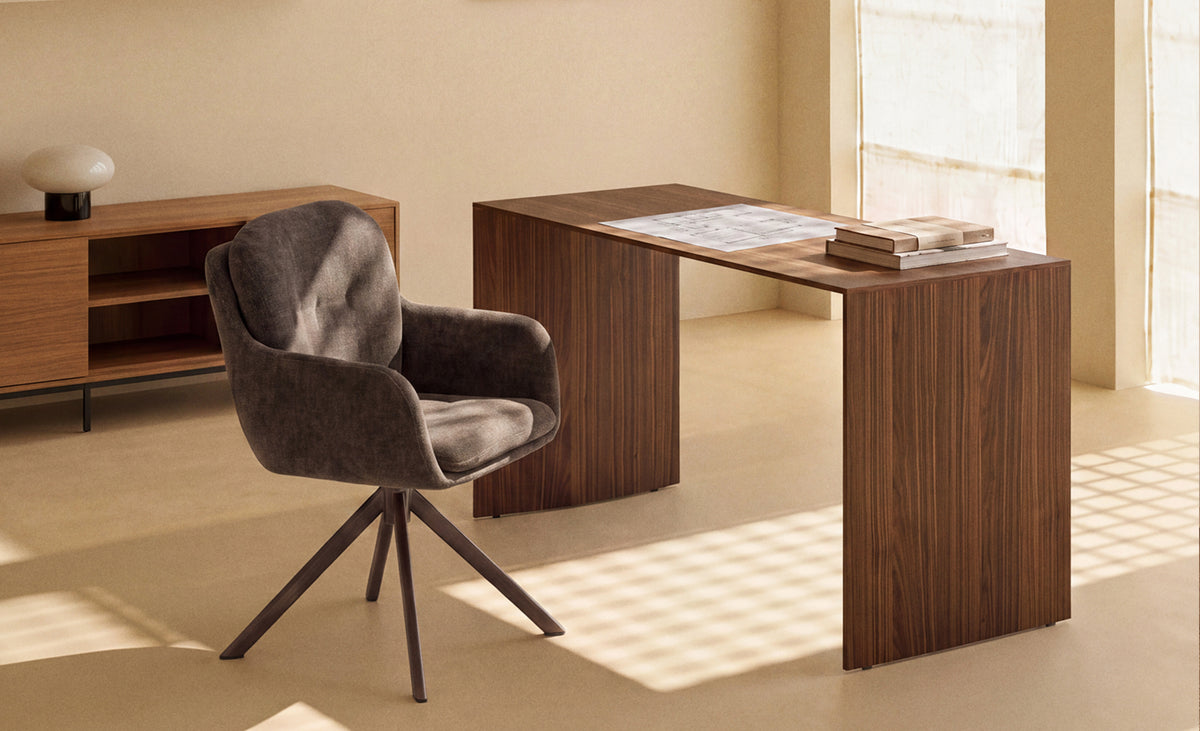 Lexa swivel chair in caramel chenille and steel legs in a caramel finish