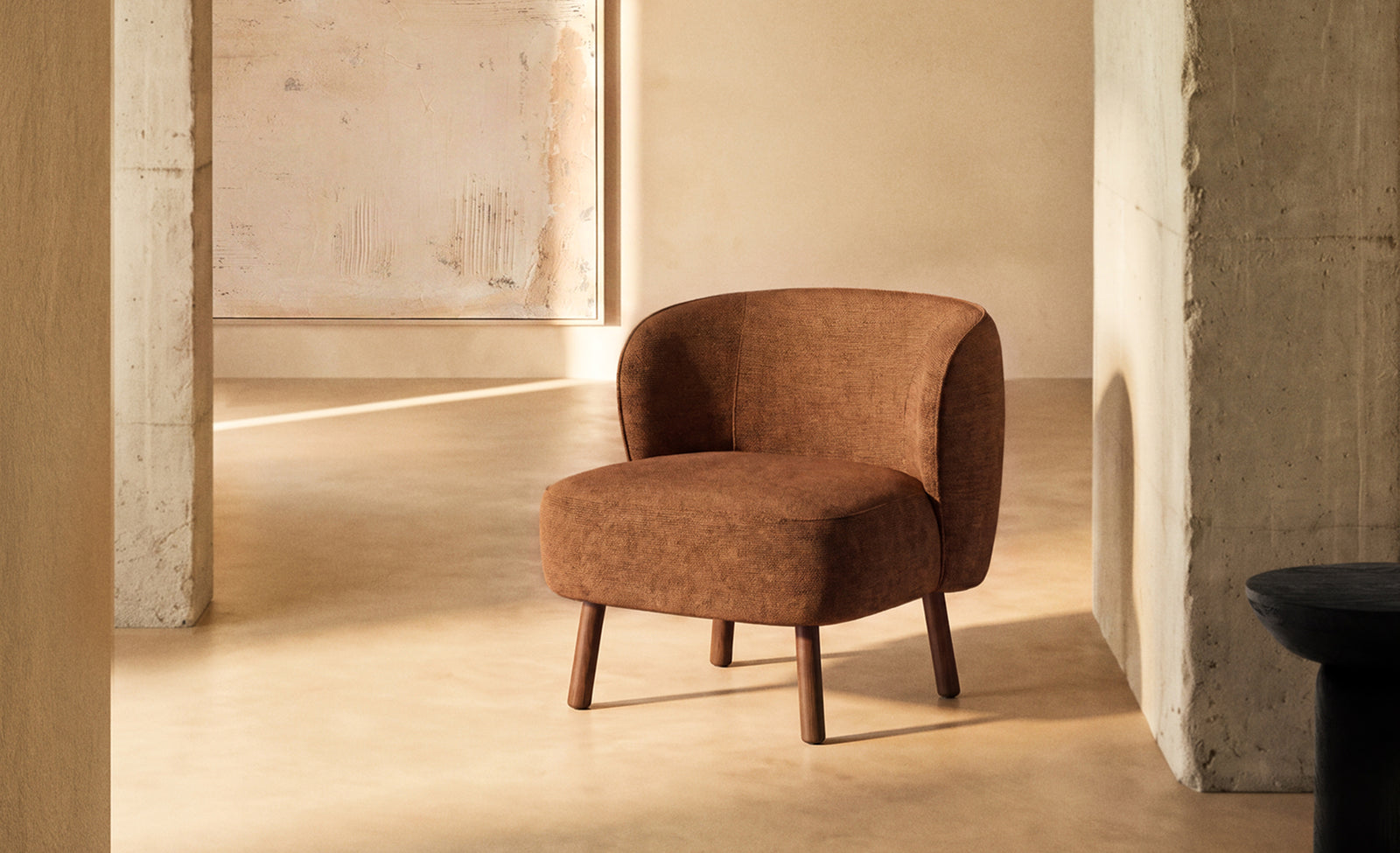 Ulit armchair in terracotta chenille with solid ash wood legs with walnut finish