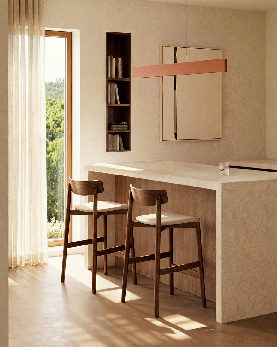 Evera stool with backrest in oak veneer with walnut finish and brown chenille 65cm