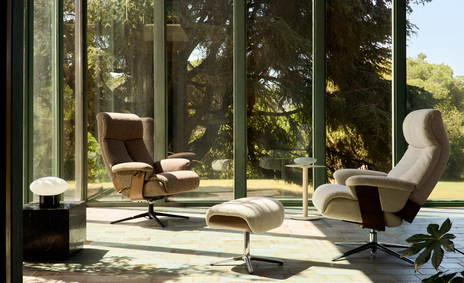Toriel chocolate brown micro bouclé reclining swivel armchair with footrest and aluminium legs FSC Mix Credit