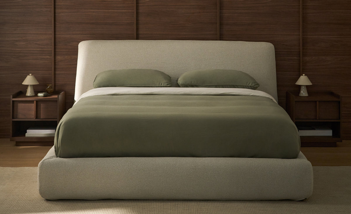 Martina bed with removable cover in ecru chenille for mattress 180 x 200cm FSC Mix Credit